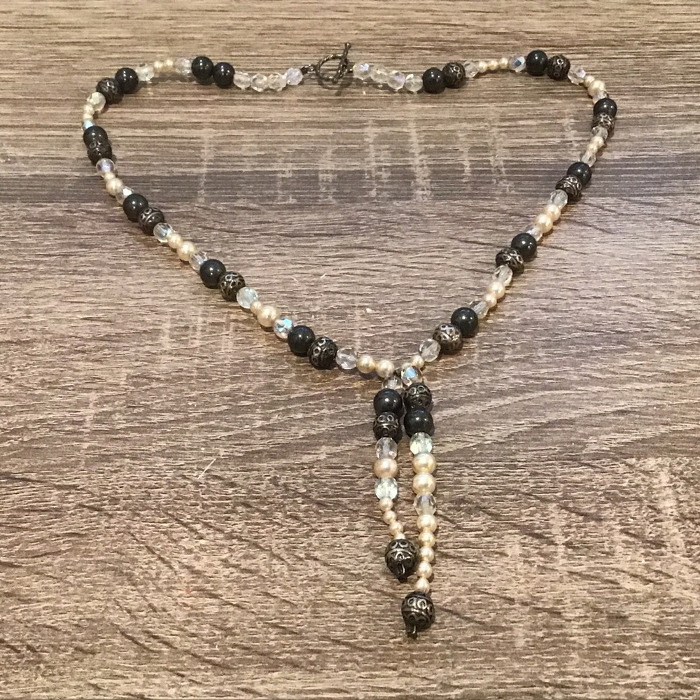 Vintage Sterling Silver Crystal & Faux Pearl Beaded Toggle Clasp Necklace